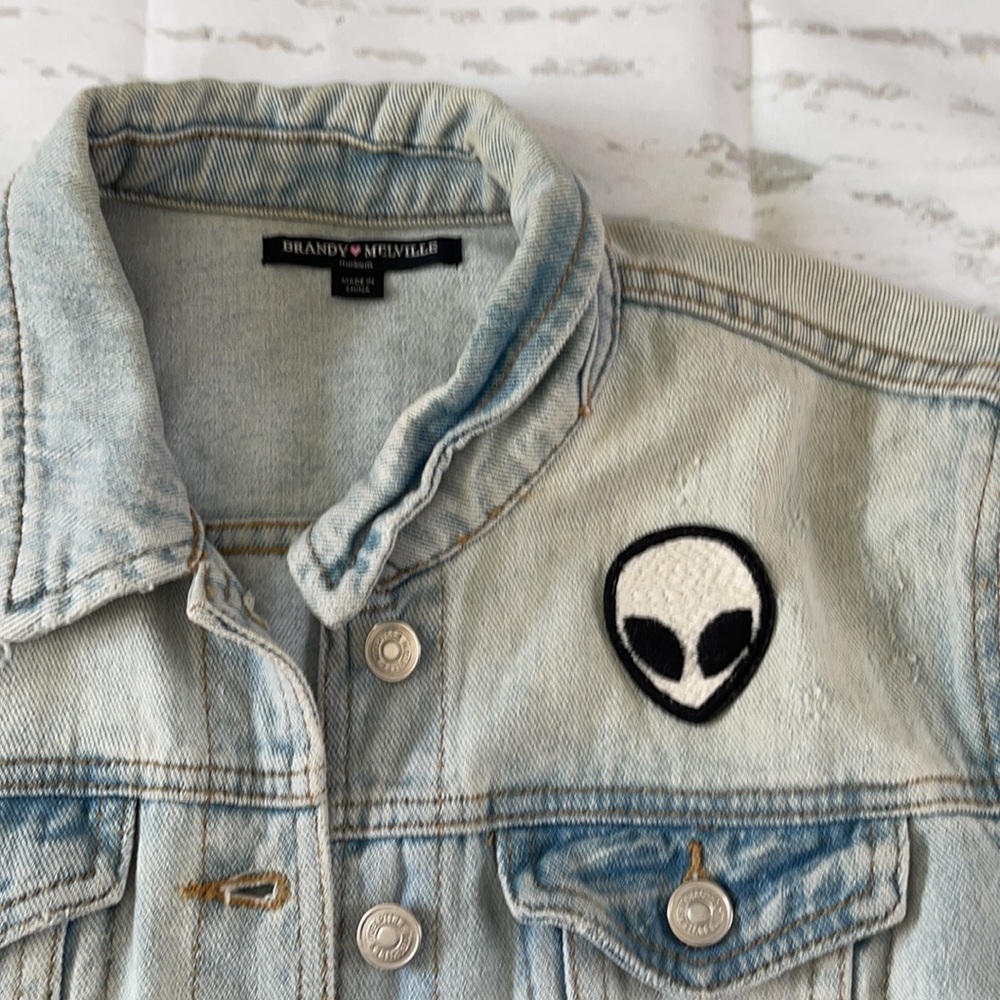 Brandy Melville Alien Patch Light Wash Destroyed Jean Jacket